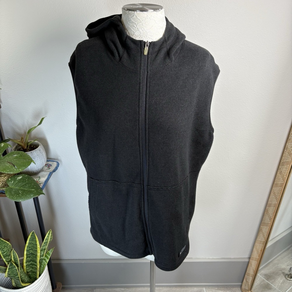 REI Women's XL ~ Black Ribbed Knit Fleece Full Zip Hooded Vest Pockets Y2K